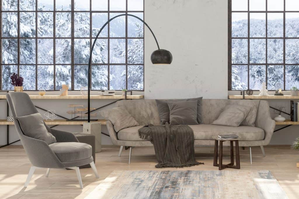 Room interior with sofa floor lamps