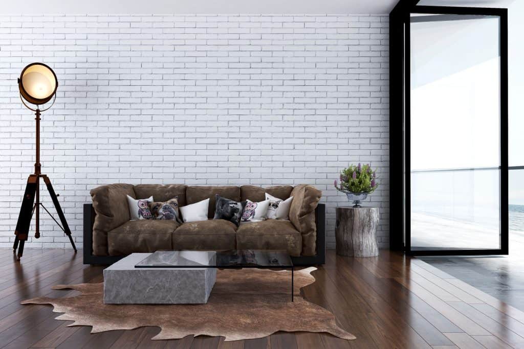 Room interior with sofa floor lamps